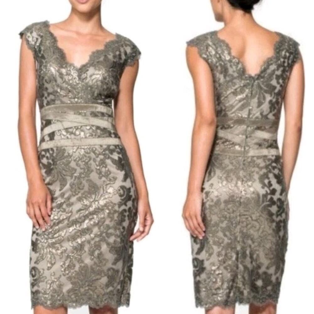 Tadashi Shoji Sequin Lace Sheath Dress Smoked‎ Pear Elegant Luxury Size 8